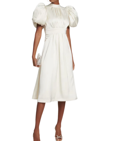 Rotate Balloon Sleeve Open-back Satin Midi Dress - RAG REVOLUTION