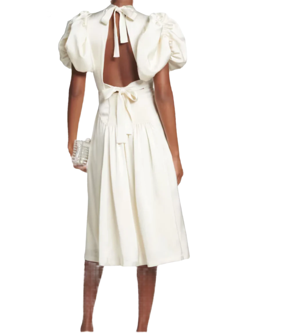 Rotate Balloon Sleeve Open-back Satin Midi Dress - RAG REVOLUTION