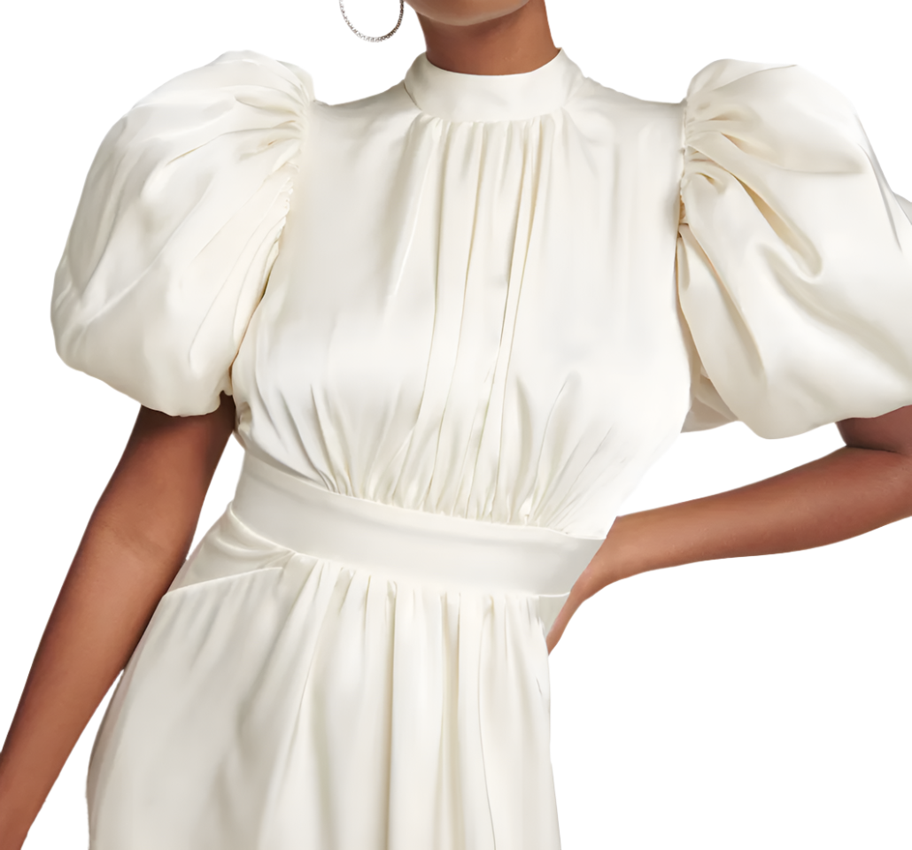 Rotate Balloon Sleeve Open-back Satin Midi Dress - RAG REVOLUTION